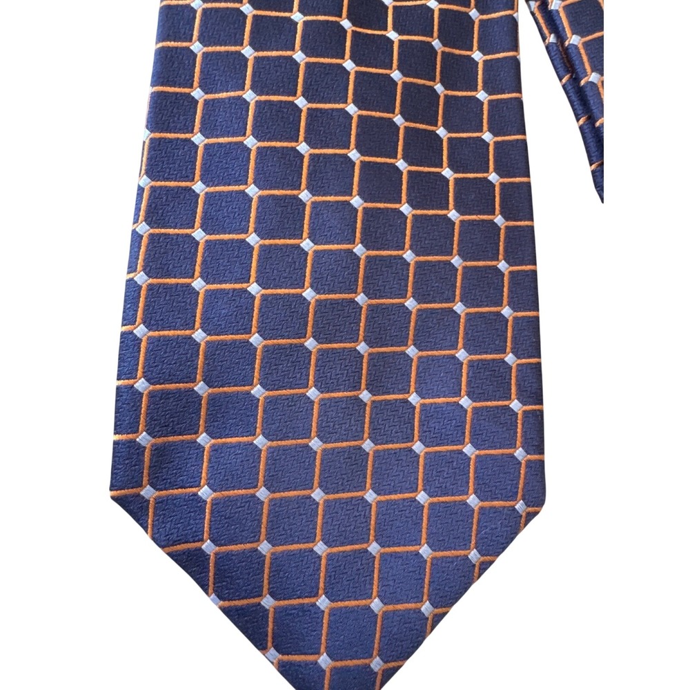 Mens blue‎ orange geometric grid pattern silk tie Ike Behar for Neiman Marcus